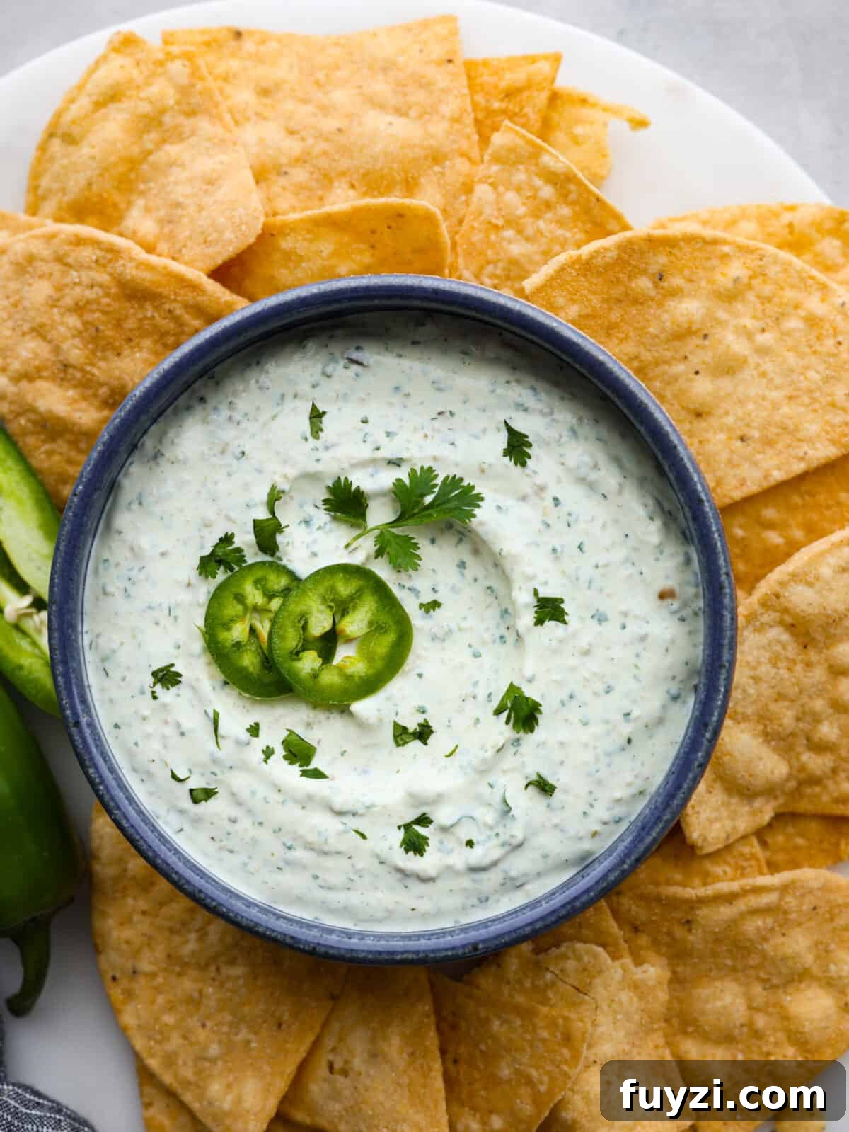 Creamy Jalapeño Dip close-up. A close up top view of jalapeño dip.