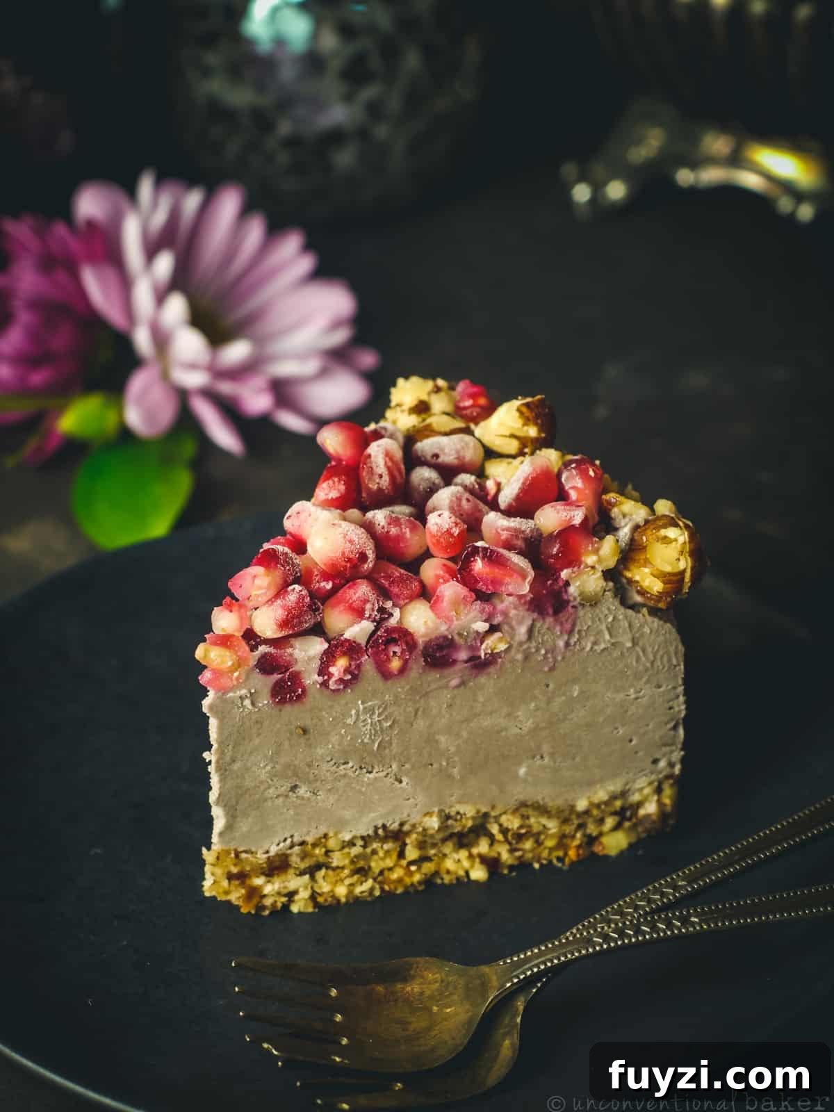 Pomegranate and Hazelnut Mousse Cake Recipe 6 slice of raw vegan hazelnut pomegranate mousse cake