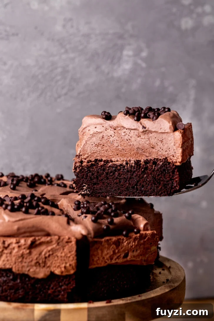 Taking a slice out of the chocolate mousse cake.