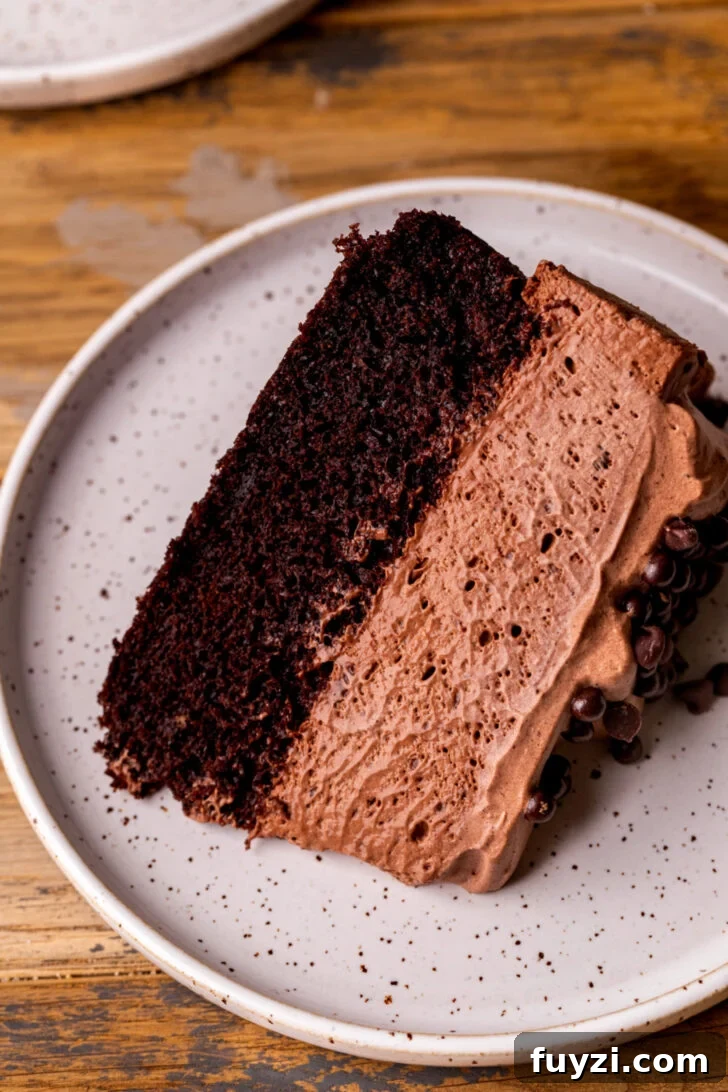 One slice on chocolate mousse cake on a plate.