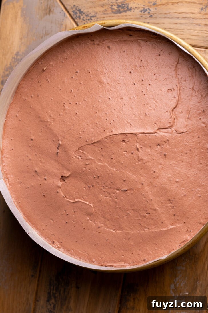 Chocolate mousse on top of cake.