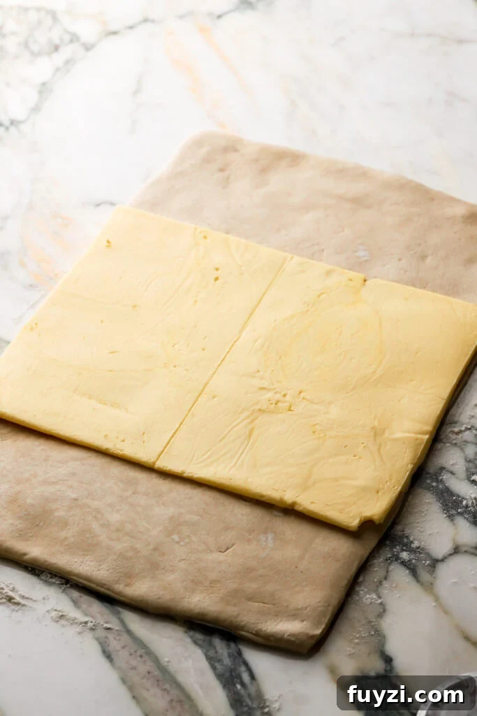 How to Make Flaky Homemade Croissants: French Recipe 8 butter placed on top of dough for laminating