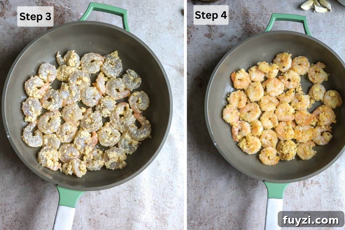 Shrimp in a grey skillet raw and then cooked.