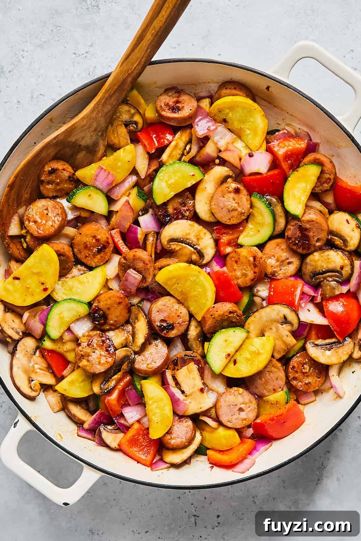 Skillet Chicken and Apple Sausage Stir Fry Recipe 11 Sausage stir fry close-up with caramelized edges and glossy sauce
