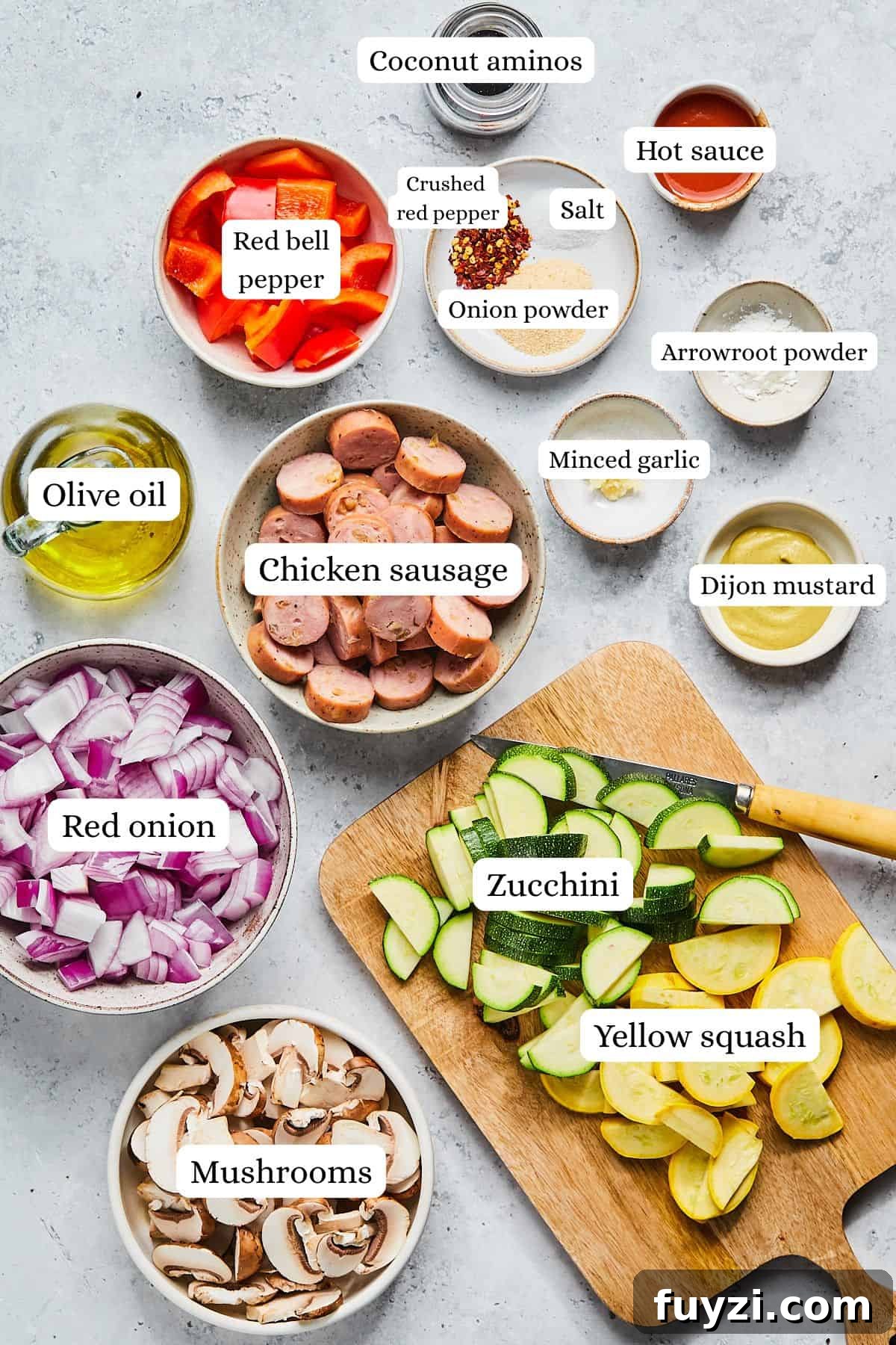 Skillet Chicken and Apple Sausage Stir Fry Recipe 3 Chopped vegetables and sliced chicken apple sausages and other ingredients for stir fry