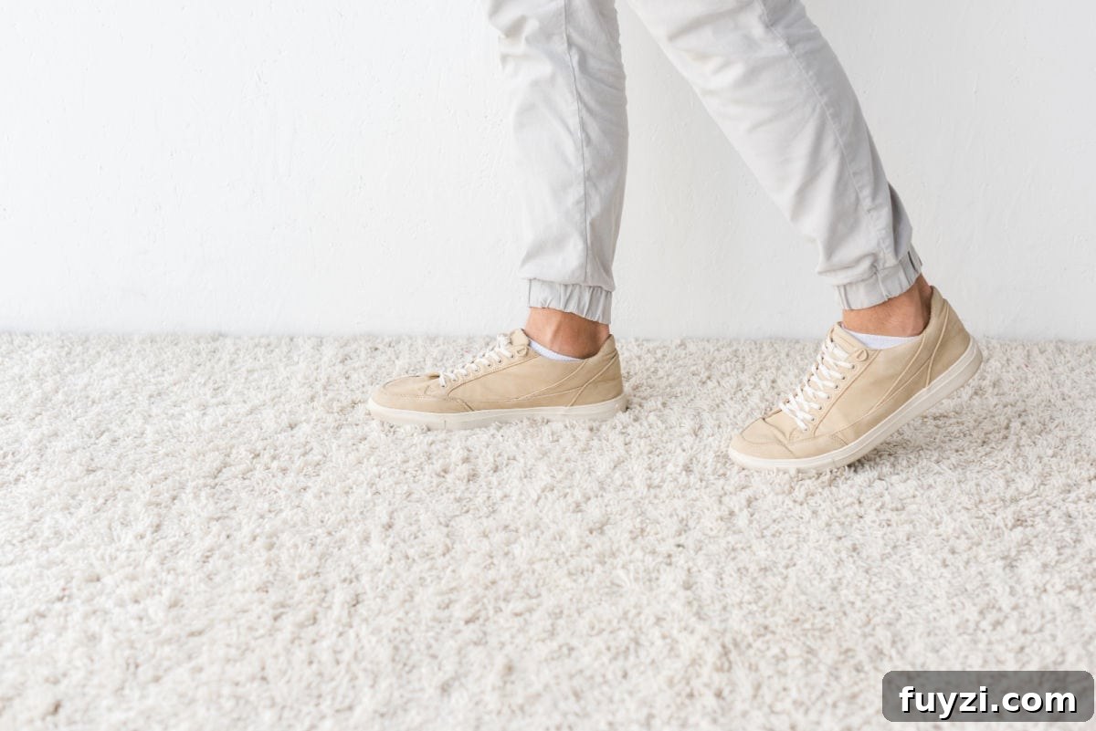 white fluffy carpet with some feet wearing beige trainers walking on it