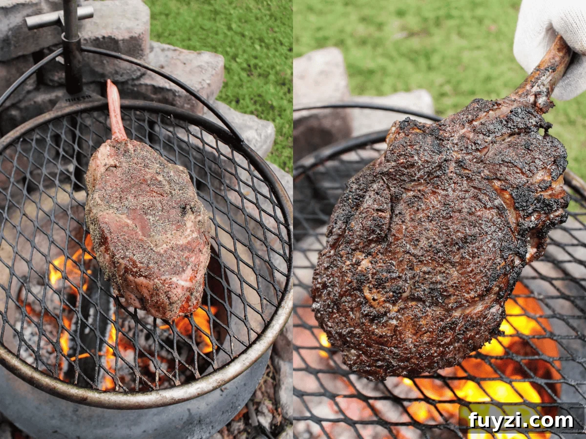 Adding the raw steak to the grill and then flipping it to show the crust.