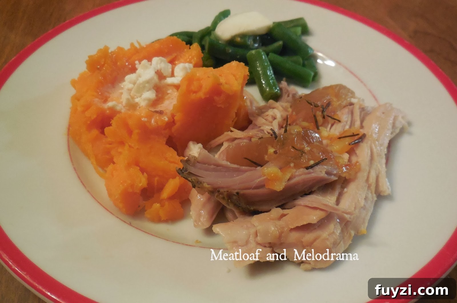 roast pork in slow cooker and sweet potatoes and green beans