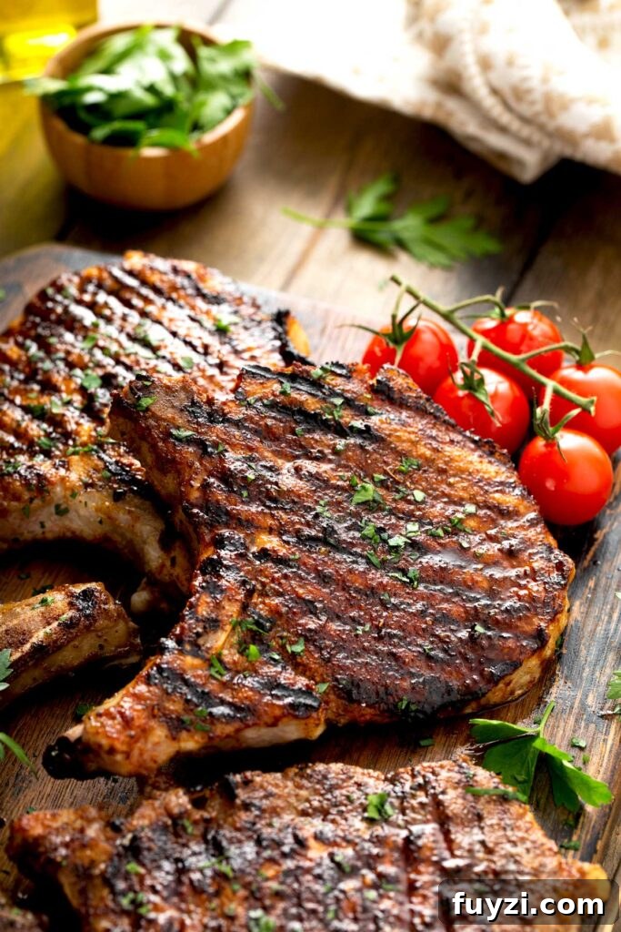 Pork chops from the grill on a wooden board
