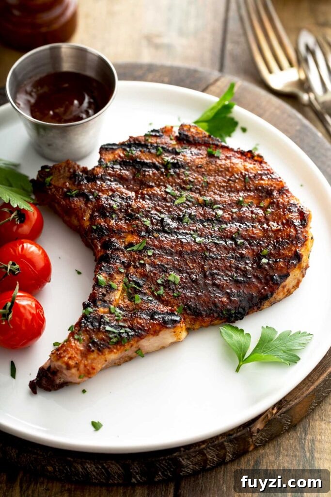 Pork chop from the grill on a white plate served with tomatoes.