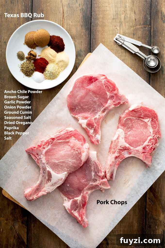 Ingredients to make grilled pork chops recipe and Texas BBQ spice rub
