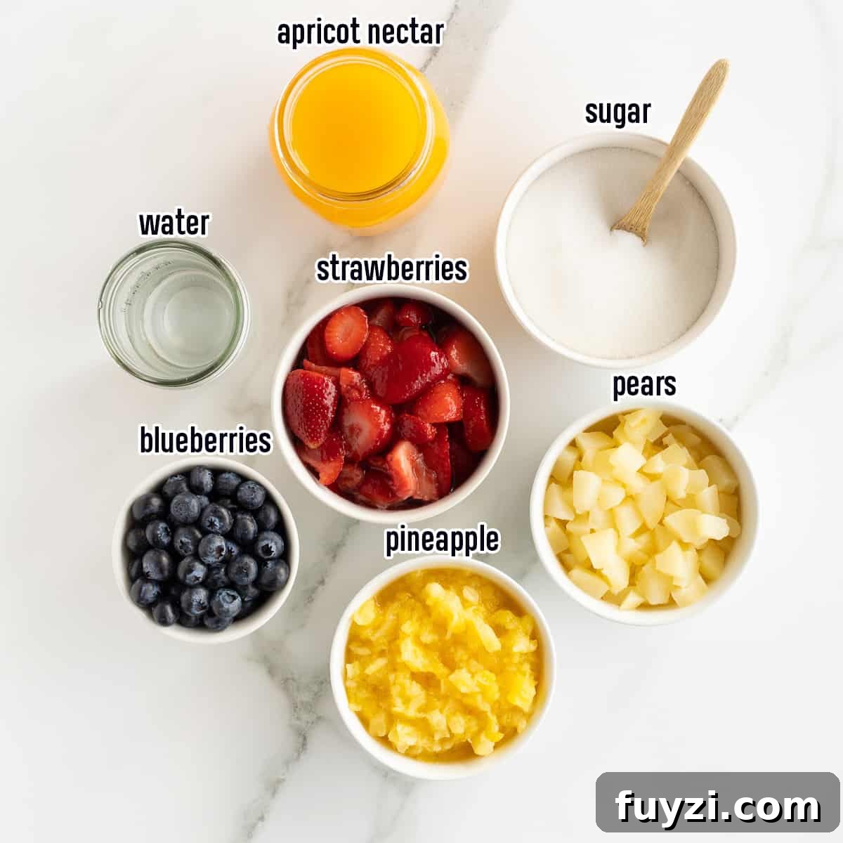 Apricot nectar, sugar, and fruit in bowls with text.