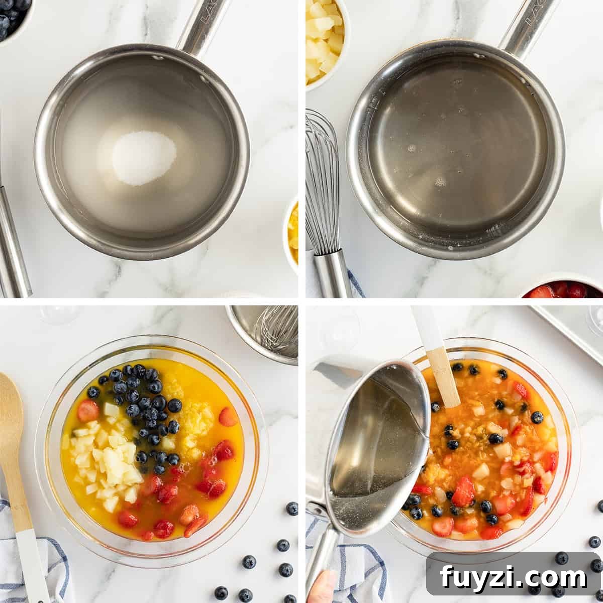 Four images showing simple syrup in a saucepan and being poured into a bowl of fruit.