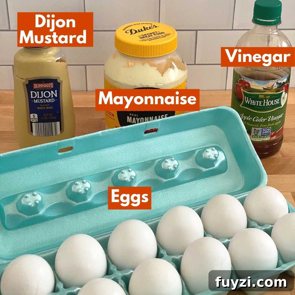 Ingredients to make recipe: eggs, mayonnaise, Dijon mustard, apple cider vinegar.