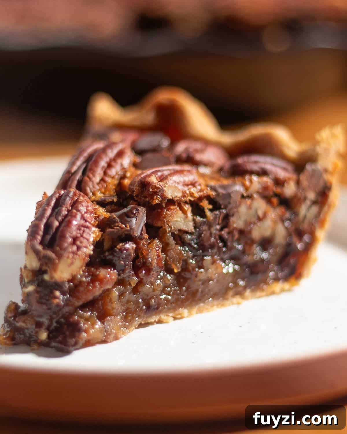 Baked chocolate chip pecan pie ready to slice and serve.