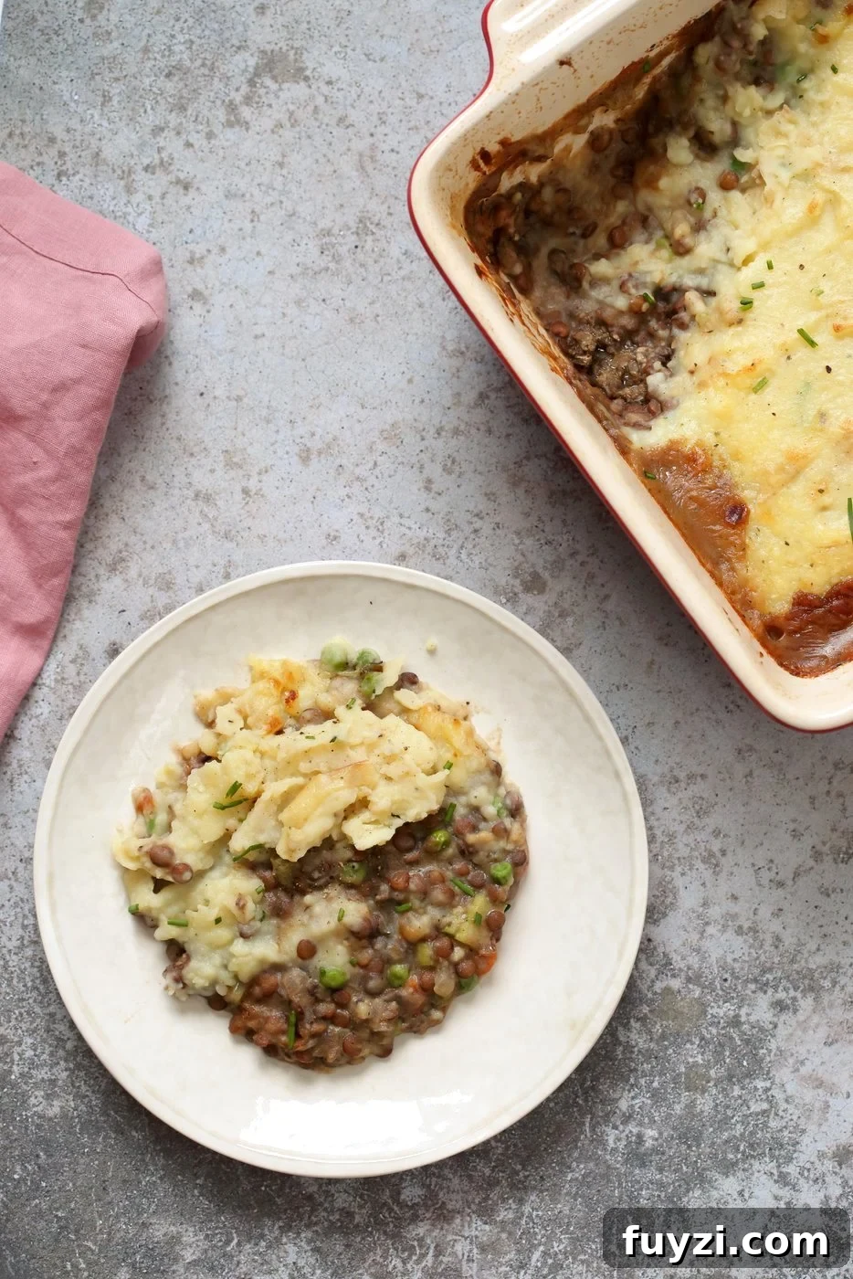 Vegan Shepherd's Pie - Mushroom and Lentil Shepherdless Pie with Gravy and Garlic mashed potatoes.