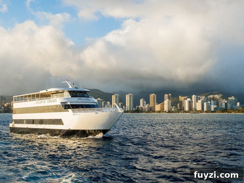 The Atlantis Cruise ship off the coast of Waikīkī Beach and Honolulu.