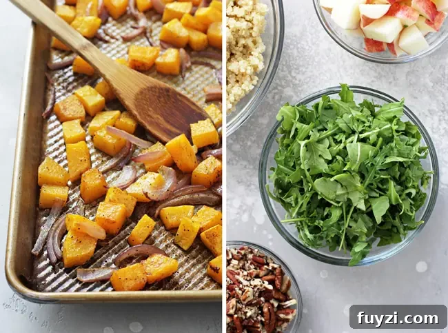 This simple fall quinoa salad is packed to the brim with autumn goodness. A tray of roasted butternut squash, and chopped arugula, quinoa and apples in small bowls.