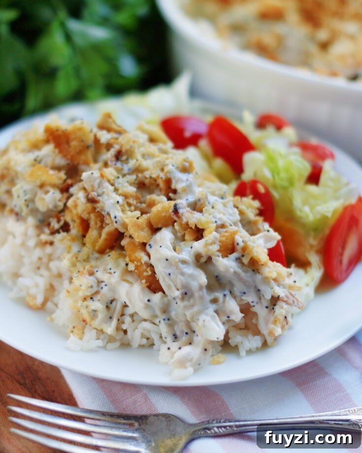 serve poppy seed chicken casserole over rice with a green salad for an easy weeknight dinner