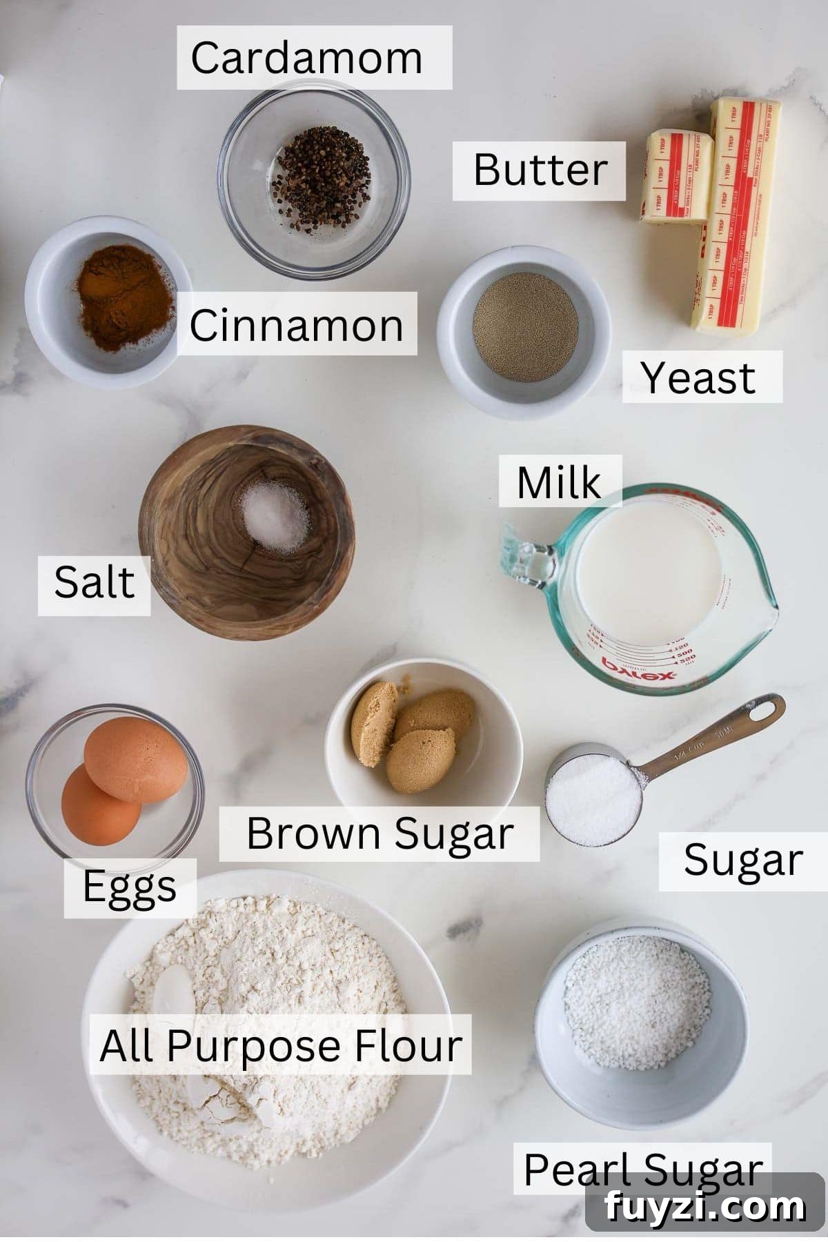 Labeled ingredients for Swedish Cinnamon Buns (Kanelbullar).