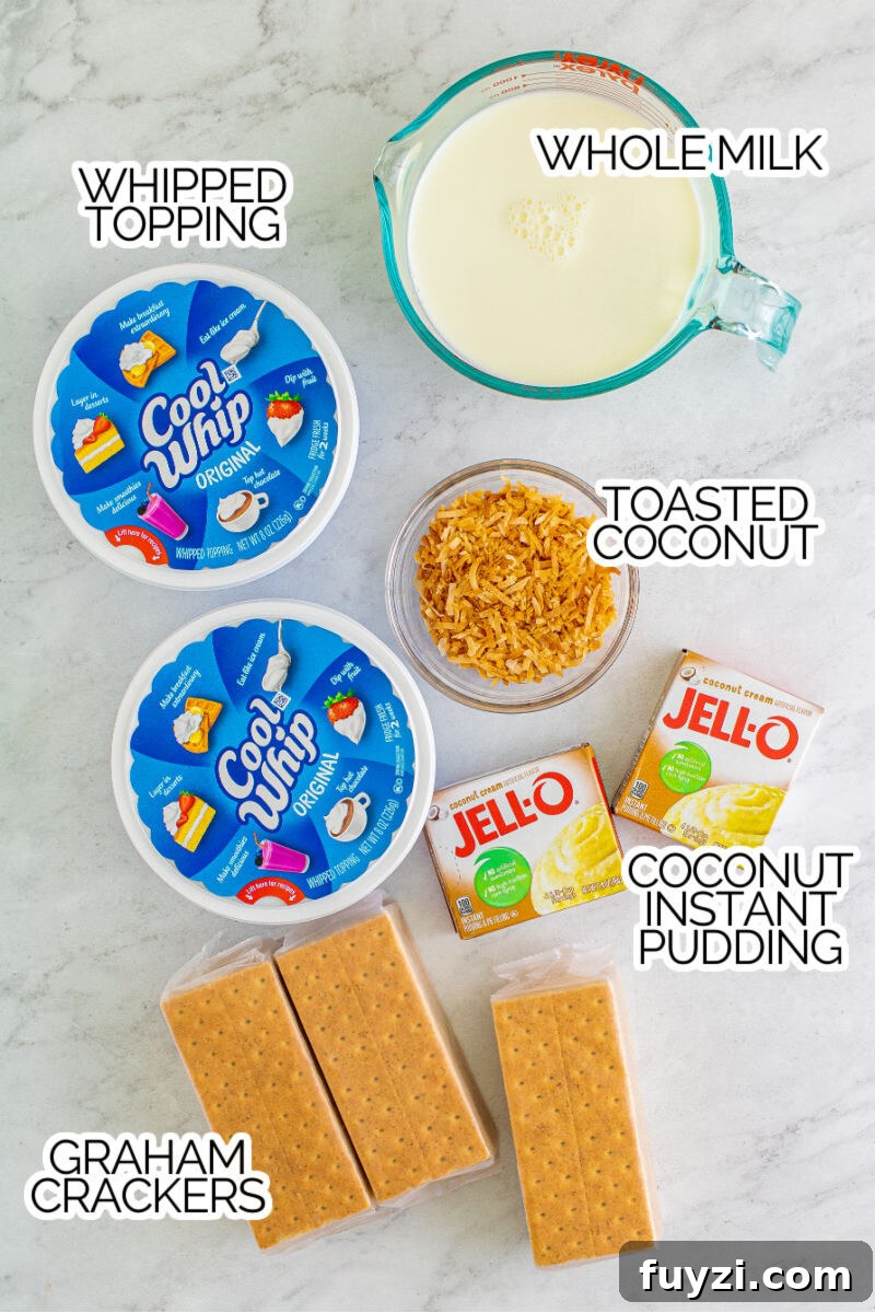coconut icebox cake ingredients laid out on a counter with text labels