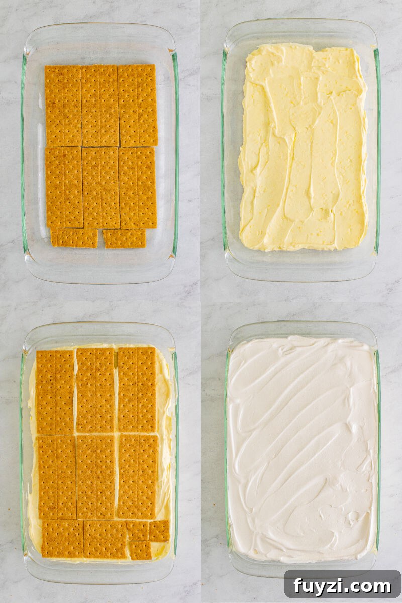 steps for layering graham crackers, coconut cream pudding filling, and cool whip for icebox cake