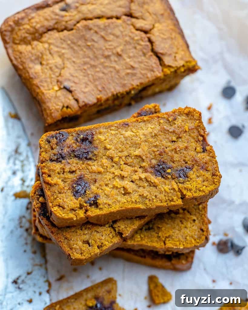 Moist Chocolate Chip Pumpkin Bread Recipe 3 top view of Chocolate Chip Pumpkin Bread slices on each other