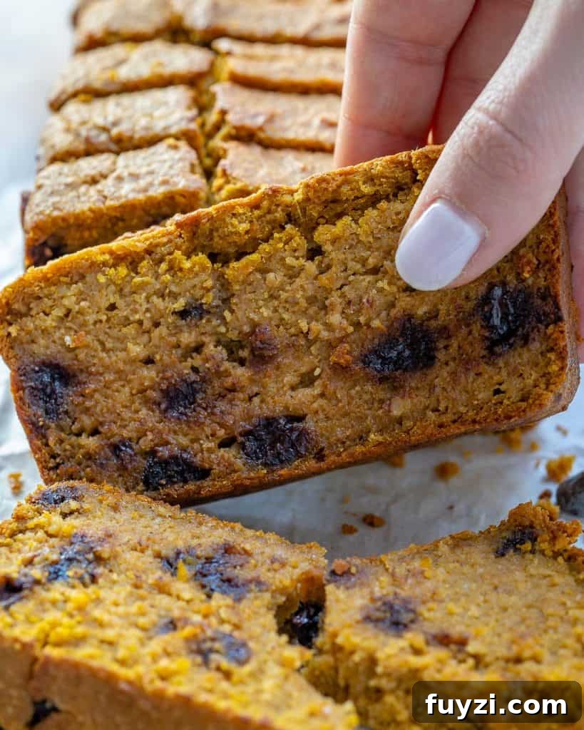 Moist Chocolate Chip Pumpkin Bread Recipe 4 hand grabbing a slice of Pumpkin Bread