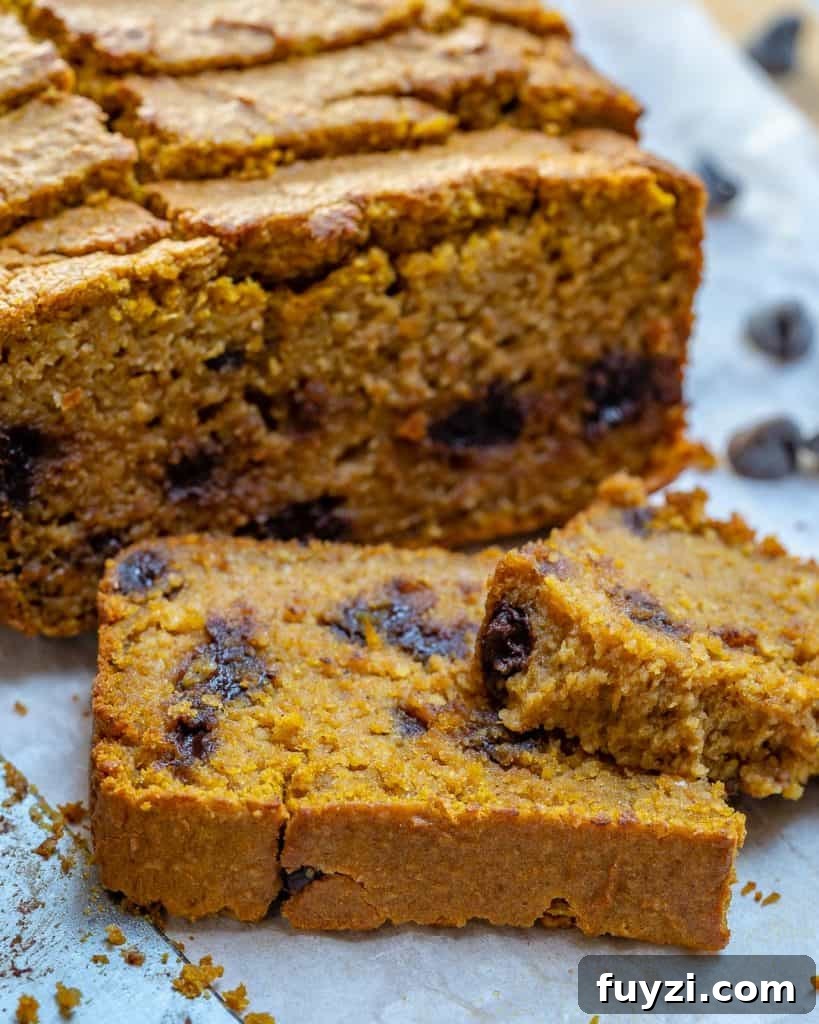 Moist Chocolate Chip Pumpkin Bread Recipe 6 side shot of Chocolate Chip Pumpkin Bread slice