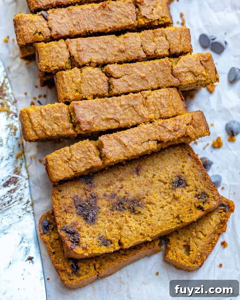 Moist Chocolate Chip Pumpkin Bread Recipe 7 top view of sliced Chocolate Chip Pumpkin Bread