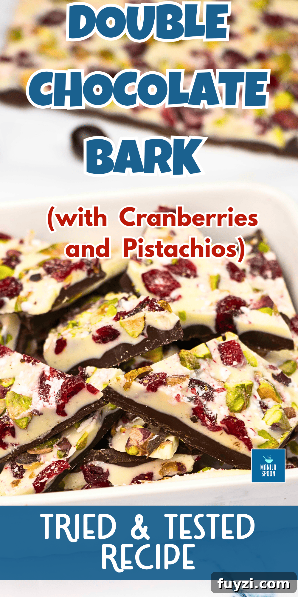 With a layer of dark and white chocolate and dotted all over with red cranberries and green pistachios, this gorgeous double chocolate bark is the ultimate holiday candy! So easy to make and the taste is simply outstanding! Make the holidays special with this Easy Double Chocolate Bark with Cranberries and Pistachios! Featuring layers of rich dark and creamy white chocolate topped with festive red cranberries and green pistachios, this quick and stunning candy is as delicious as it is beautiful!