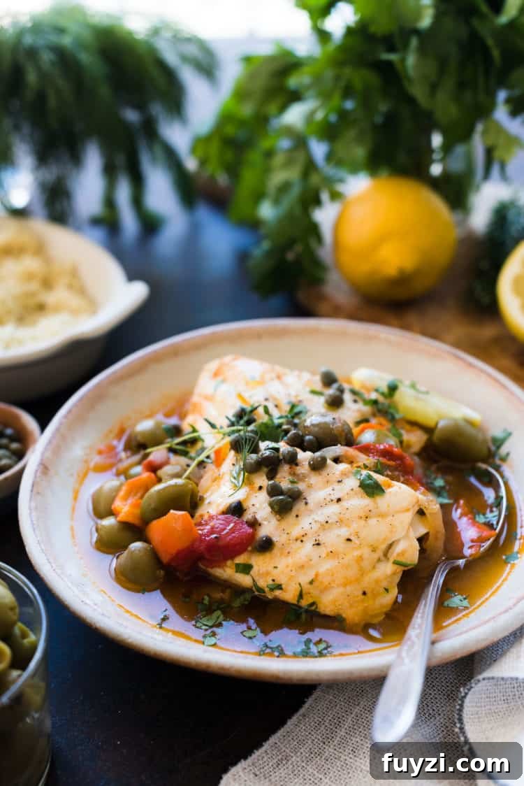 Instant Pot Fish Stew: Tomatoes, Olives and Capers 2 Instant Pot Fish Stew with Tomatoes, Olives and Capers in a serving bowl.