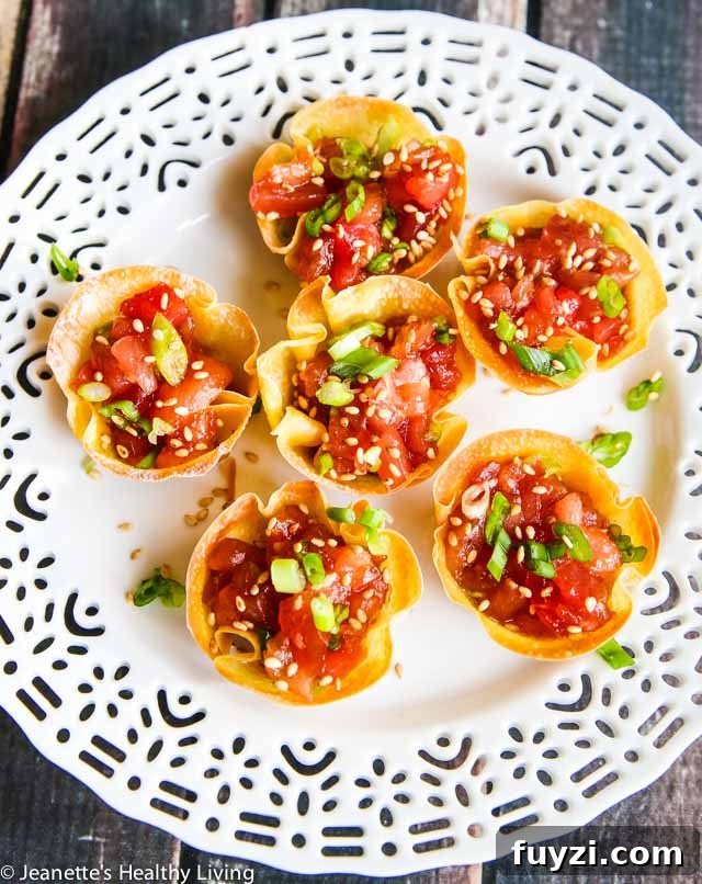 Crispy Spicy Tuna Wonton Cups with Sriracha Mayo 4 Spicy Tuna Wonton Cups - bite size spicy tuna appetizer perfect for parties