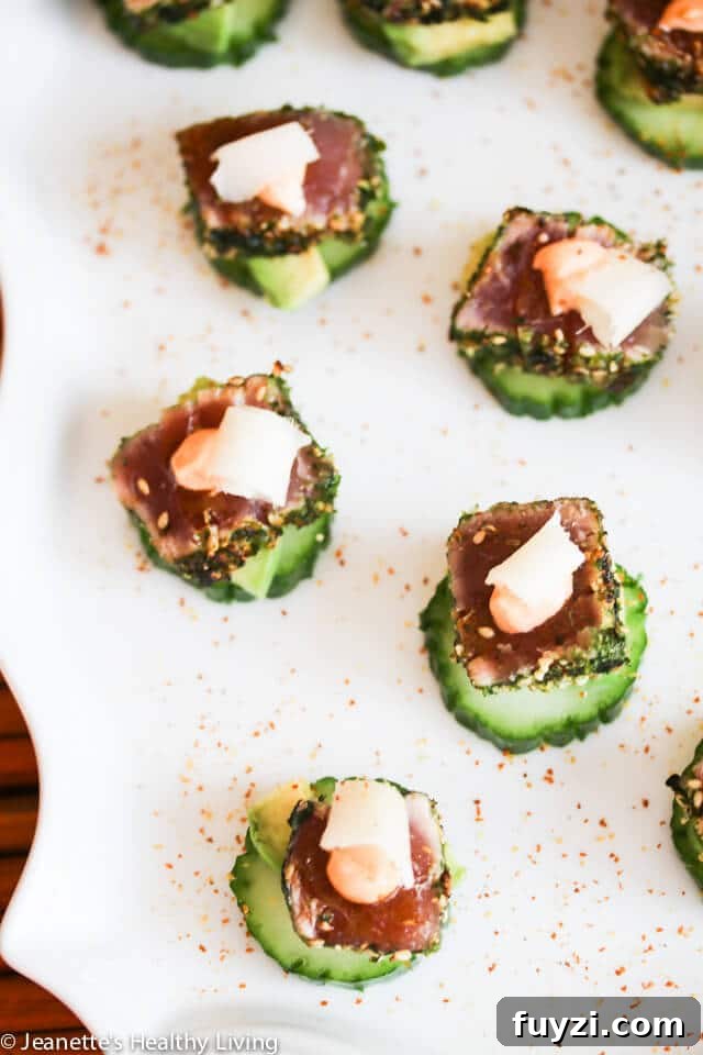 Crispy Spicy Tuna Wonton Cups with Sriracha Mayo 9 Spicy Ahi Tuna Cucumber Avocado Appetizers with Pickled Ginger