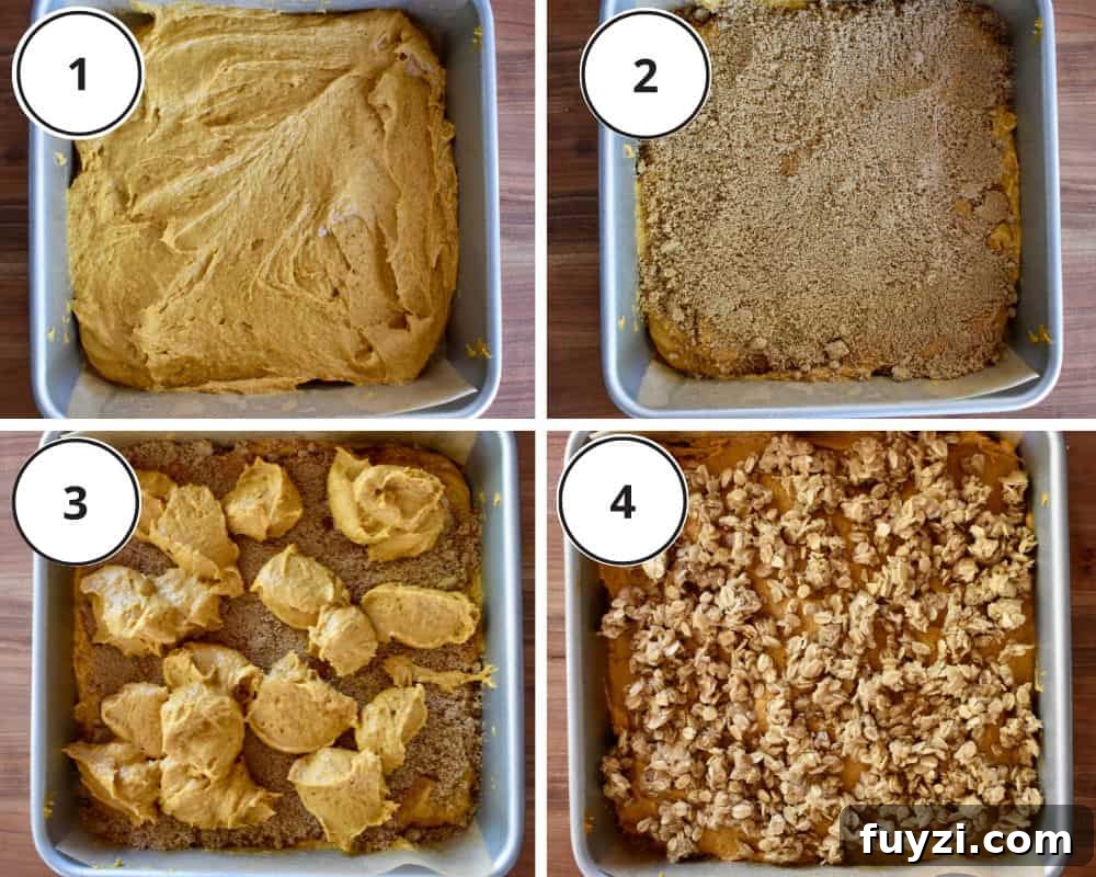 Pumpkin Streusel Coffee Cake Recipe with Cinnamon Crumble 5 Process shots showing how to make recipe including adding the brown sugar layer to the batter in the pan.