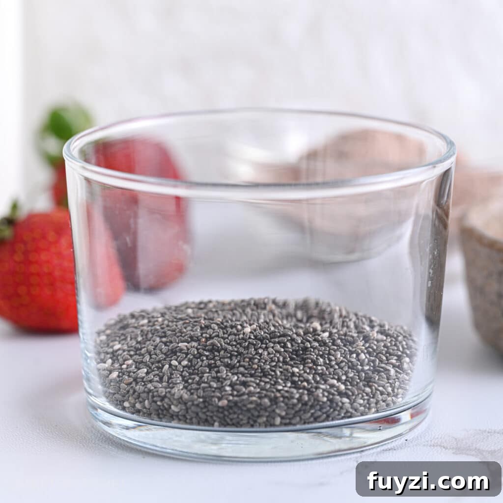 Creamy Chocolate Chia Pudding Recipe 4 Chia seeds in a glass, ready to combine with other ingredients