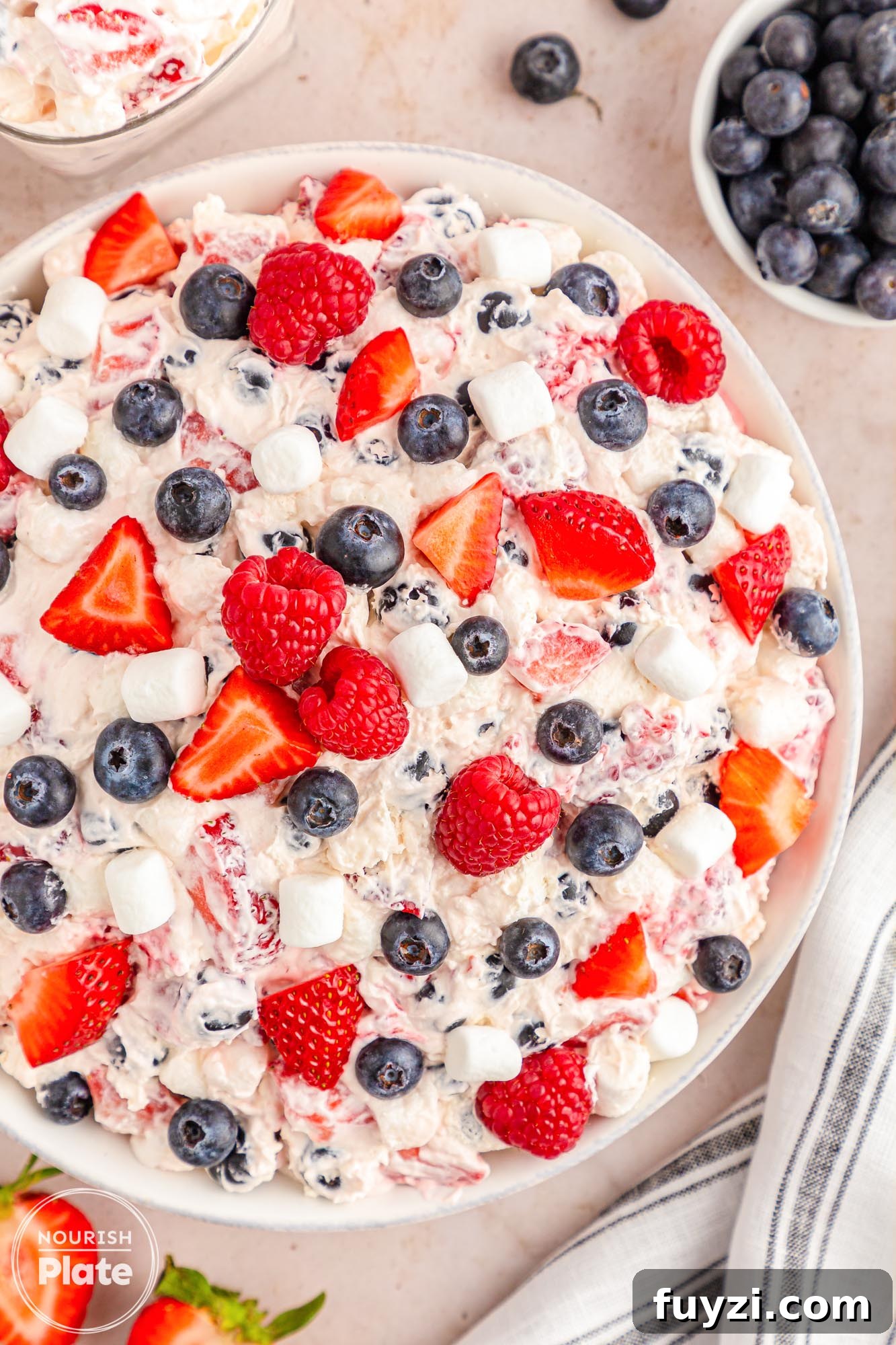 Overhead shot of berry cheesecake fluff salad