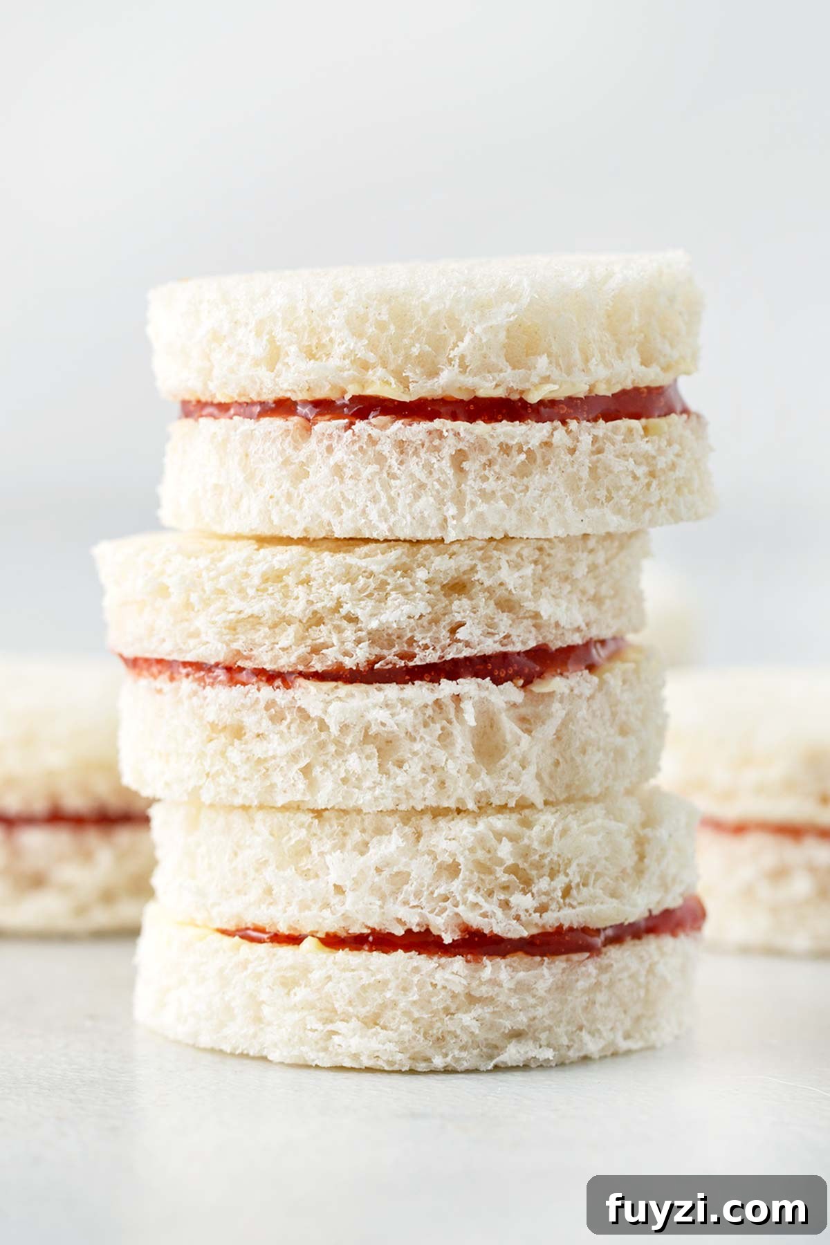 Mini Jam Sandwiches for Afternoon Tea 2 Stack of three Jam Pennies Tea Sandwiches.