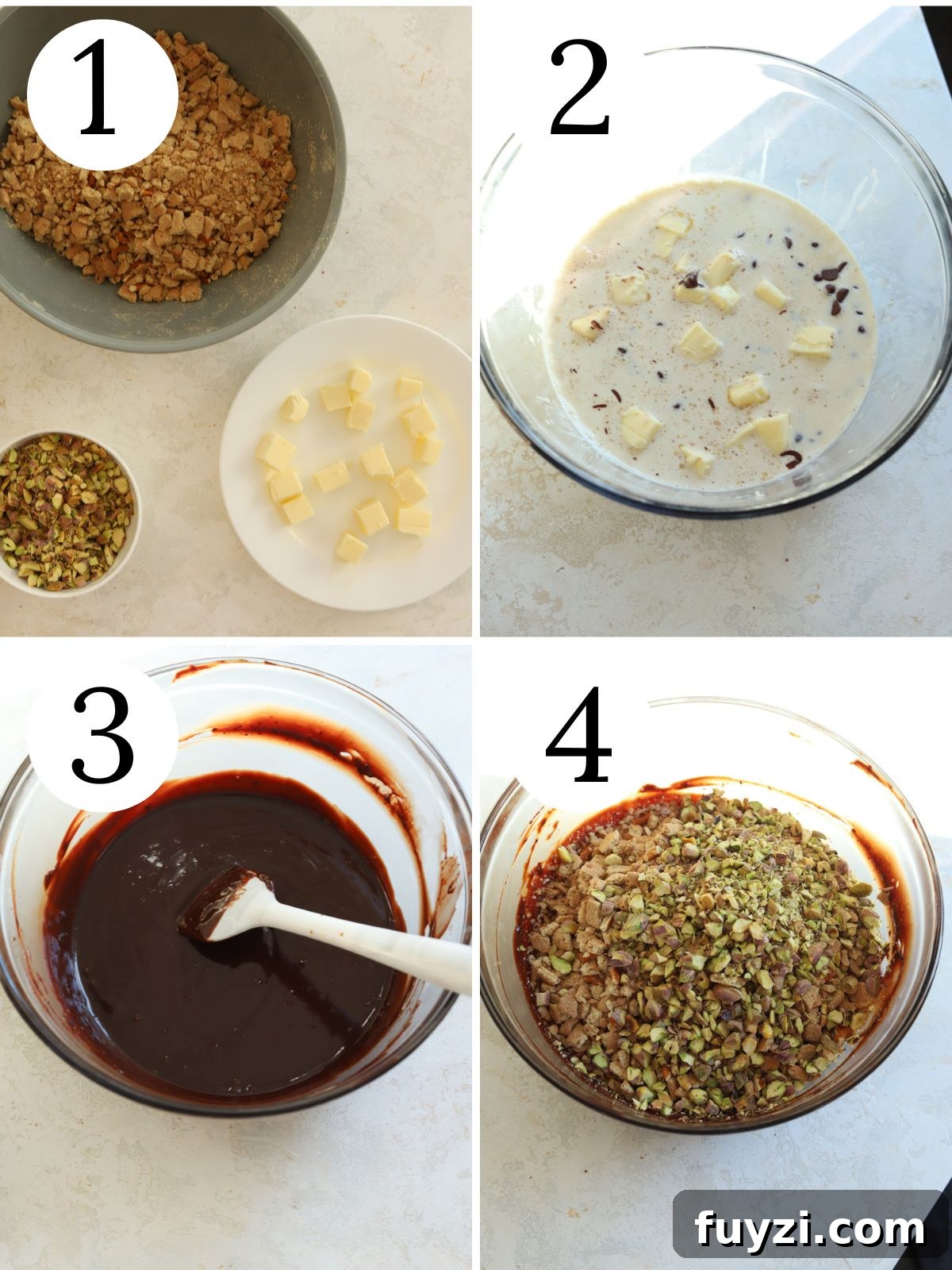A four photo collage showing how to make chocolate salami