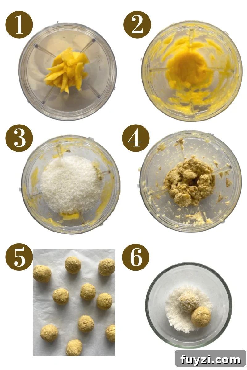 Step by step process to create mango bliss balls. See recipe card for detailed instructions.