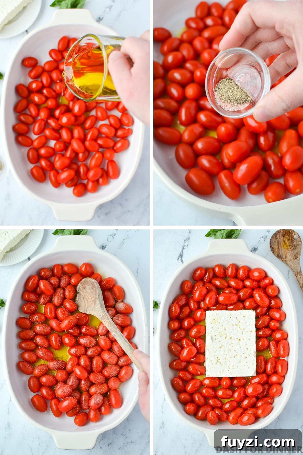 Adding tomatoes to a baking dish.