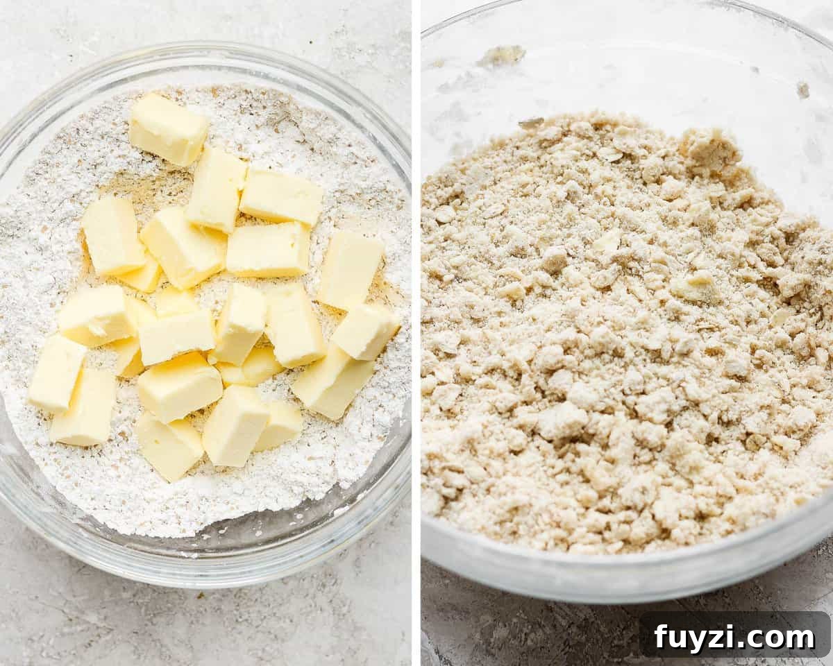 Two images showing the butter added to the crust mixture and then after it has been fully incorporated.