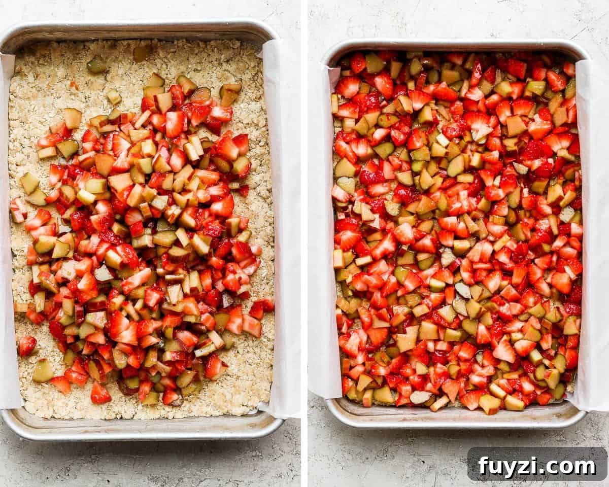 Two images showing the fruit filling added on top of the crust and then the filling completely spread out.