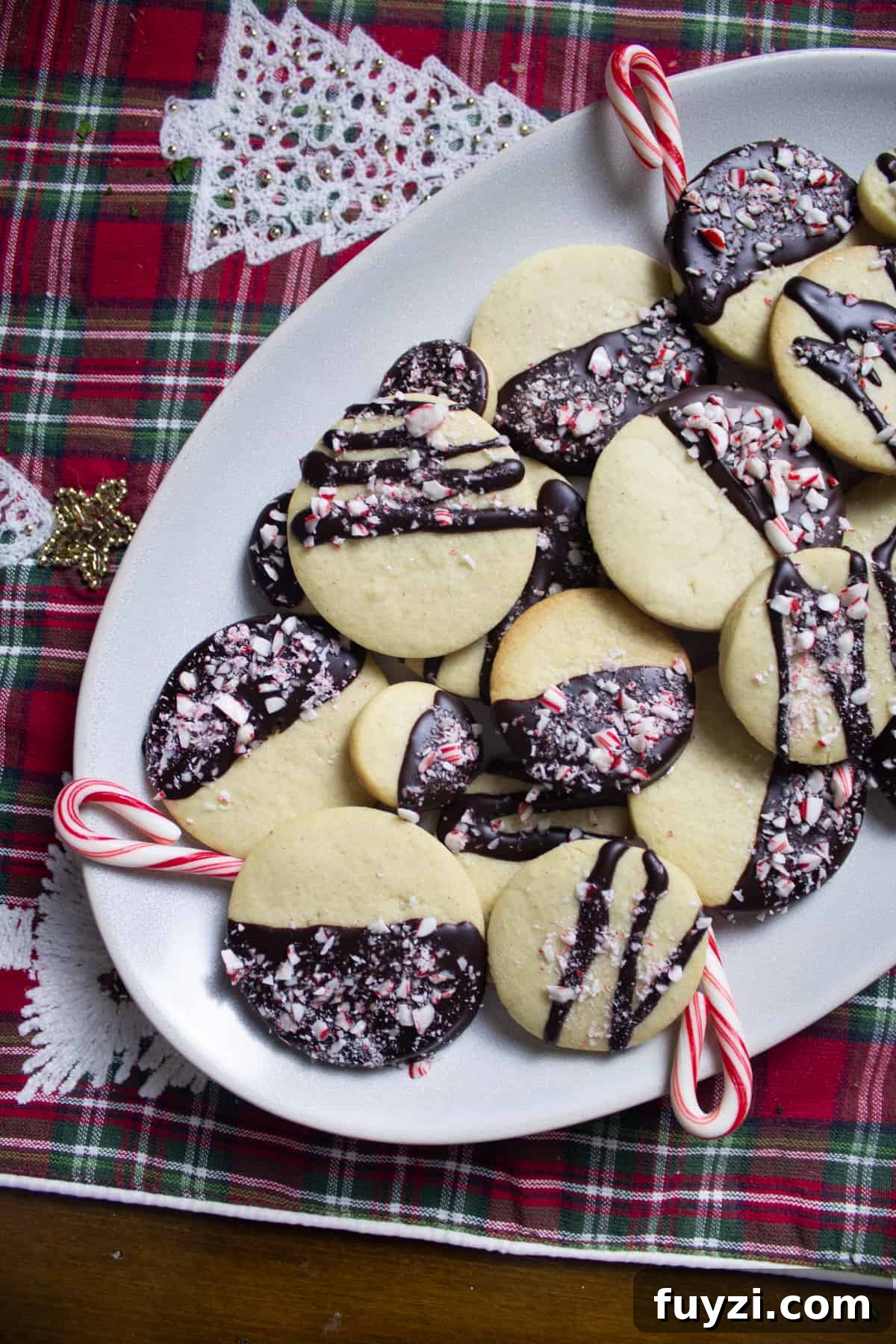 dark chocolate half dipped sugar cookies with candy cane crumbles