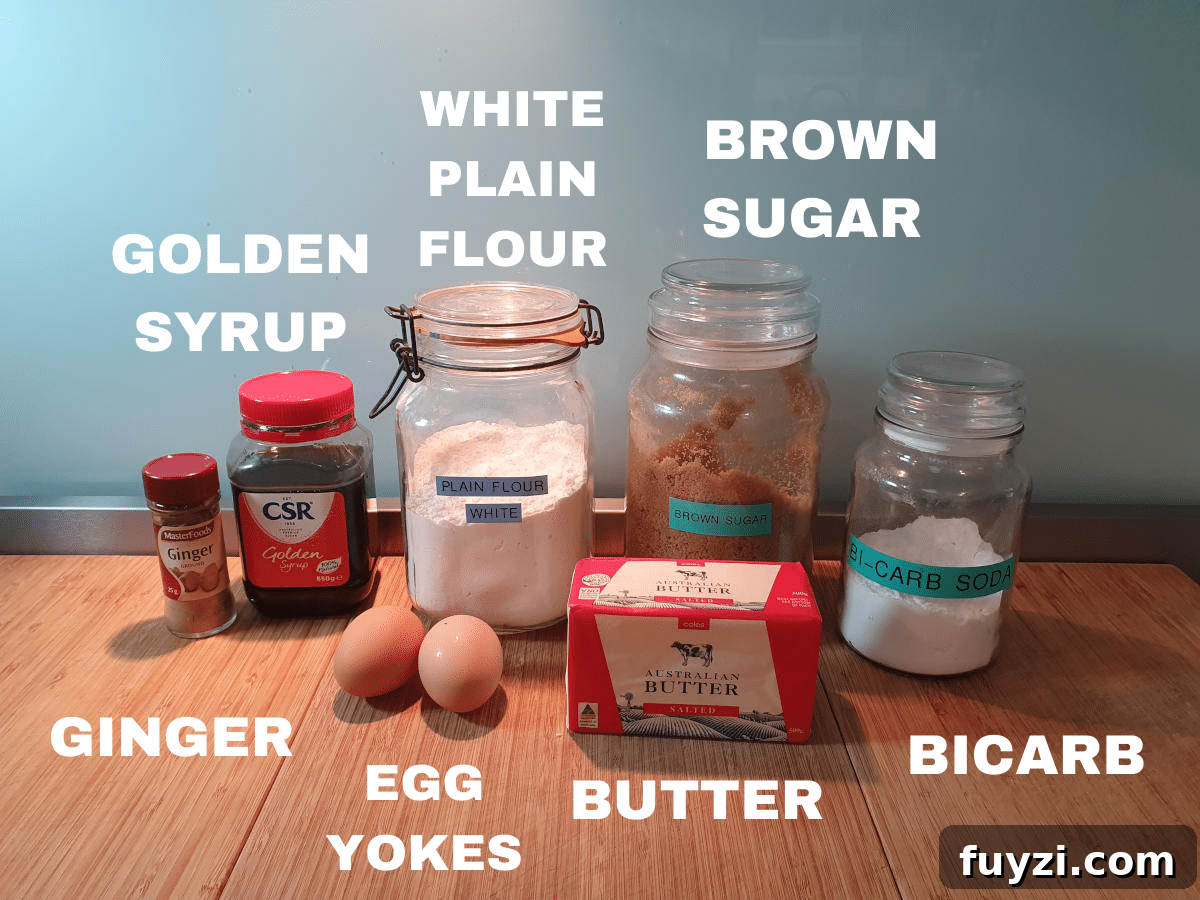Gingerbread men ingredients, ground ginger, golden syrup, egg yokes, plain white flour, brown sugar, salted butter, bicarbonate of soda.