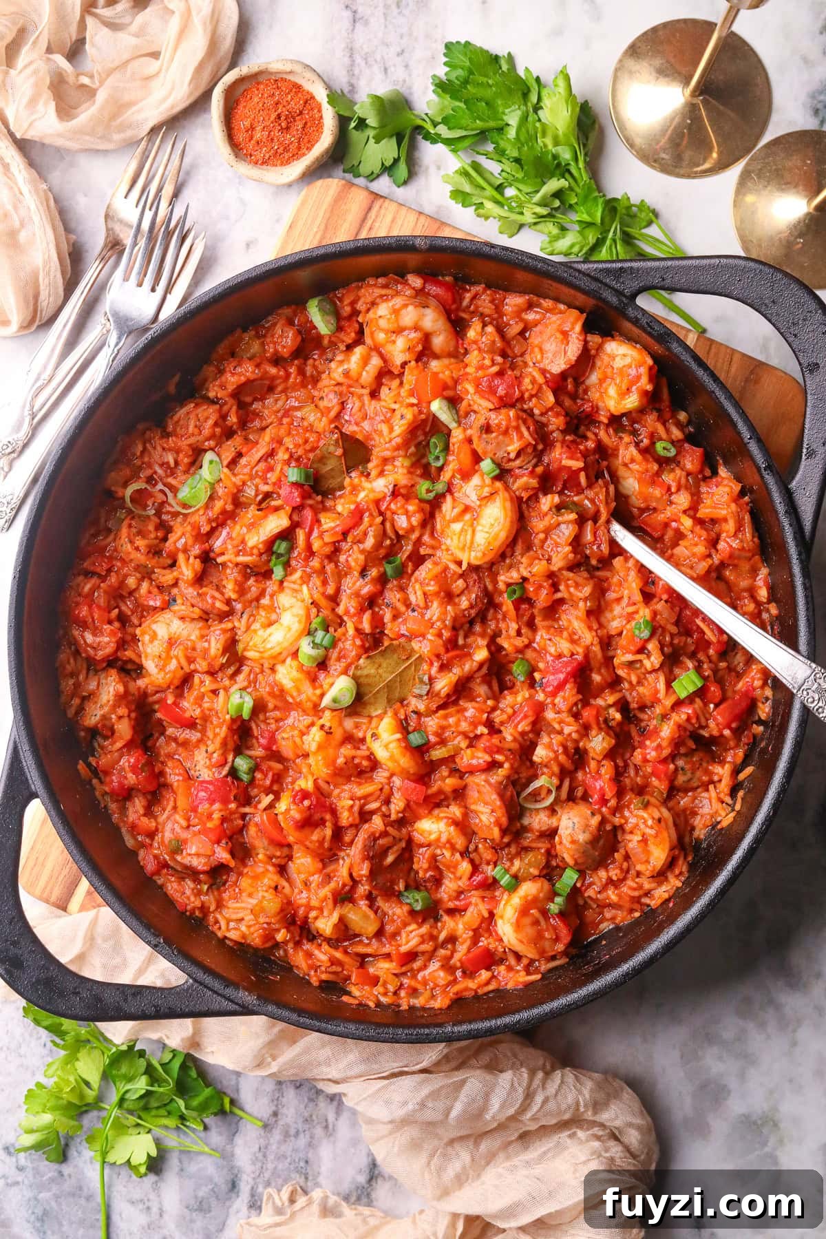 Shrimp and sausage jambalaya in a skillet