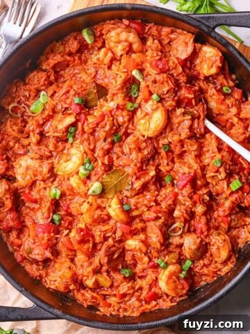 Pan of shrimp and sausage jambalaya