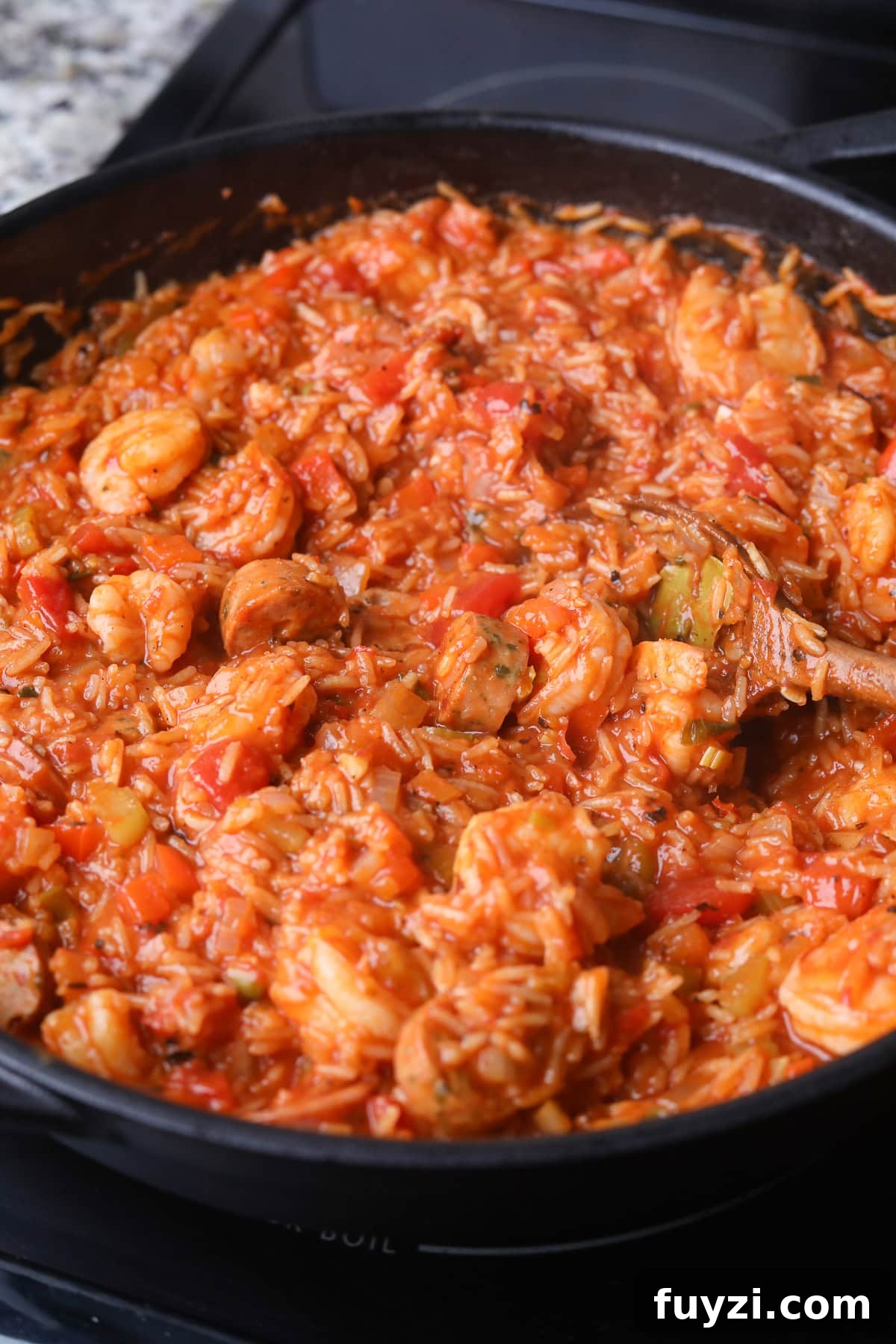 Shrimp and sausage jambalaya finished cooking on the stove top