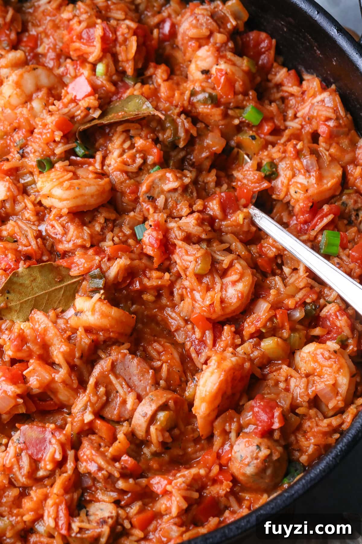 Close-up of shrimp and sausage jambalaya in a skillet