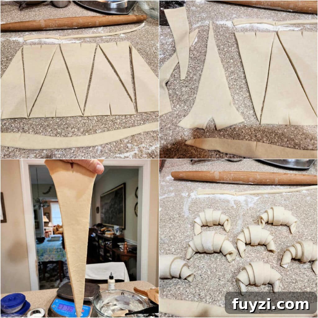 Steps showing cutting, stretching and rolling croissant triangles